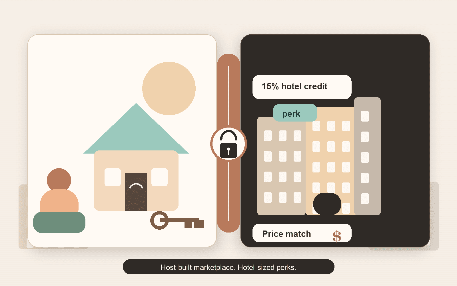 Editorial illustration showing hosts building Airbnb trust while hotels receive platform perks