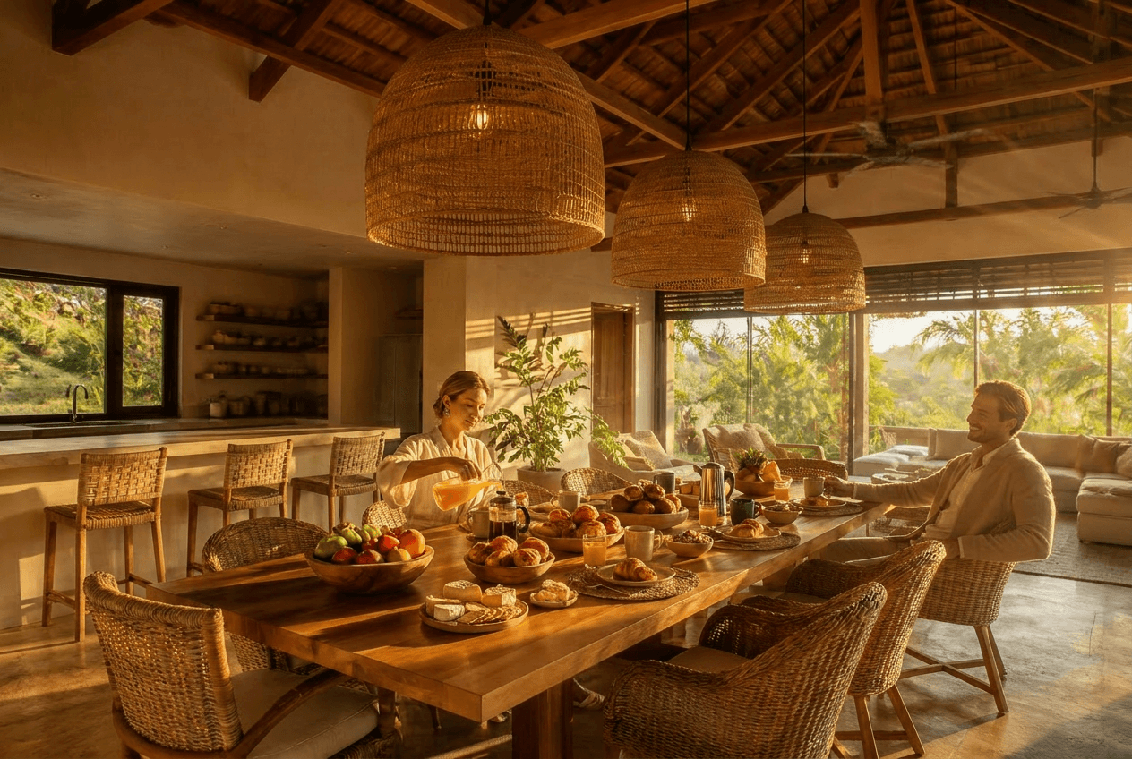 Open dining pavilion after the listing photo refresh at golden hour